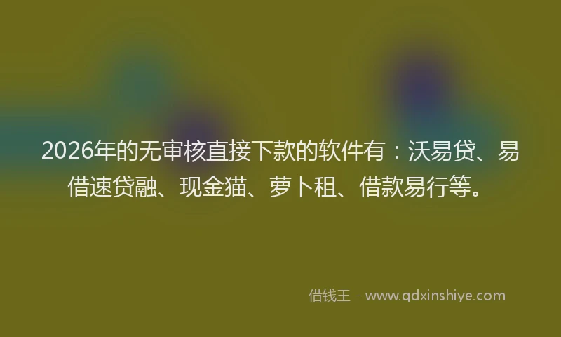 2026年的无审核直接下款的软件有：沃易贷、易借速贷融、现金猫、萝卜租、借款易行等。