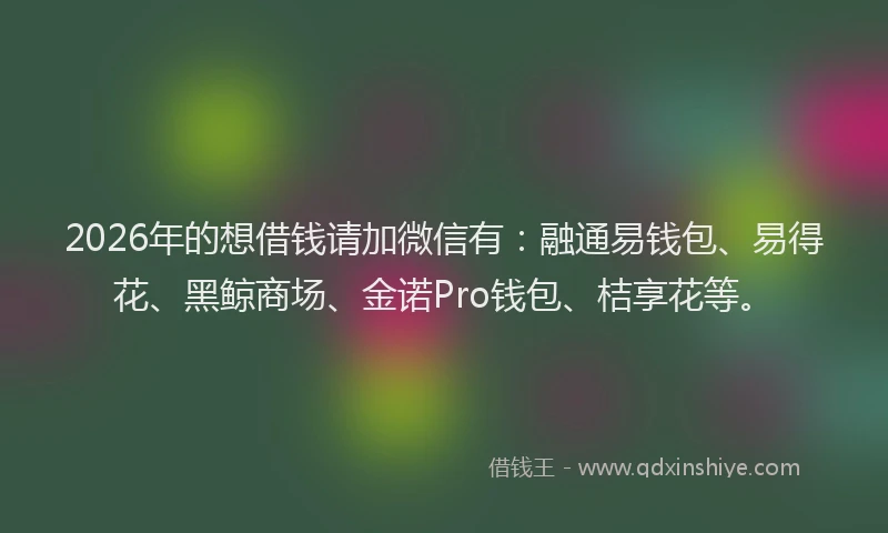 2026年的想借钱请加微信有：融通易钱包、易得花、黑鲸商场、金诺Pro钱包、桔享花等。