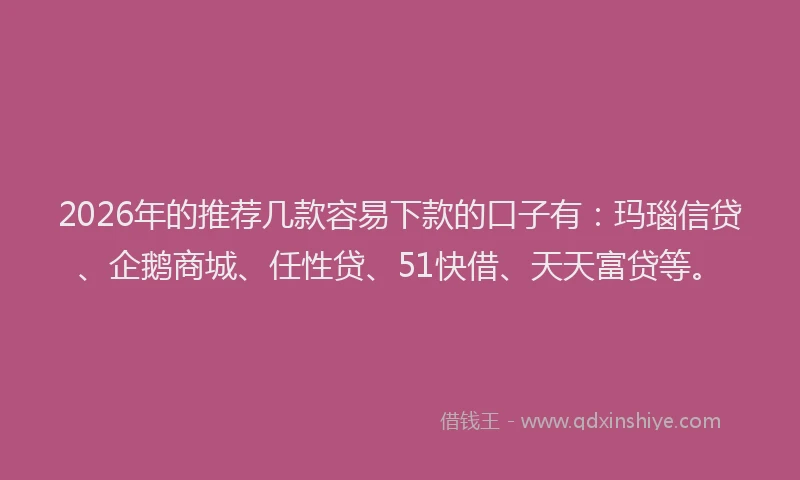 2026年的推荐几款容易下款的口子有：玛瑙信贷、企鹅商城、任性贷、51快借、天天富贷等。