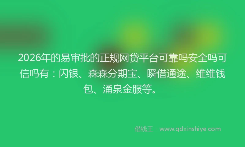 2026年的易审批的正规网贷平台可靠吗安全吗可信吗有：闪银、森森分期宝、瞬借通途、维维钱包、涌泉金服等。
