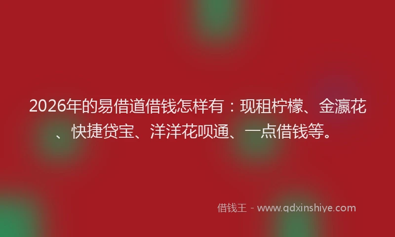 2026年的易借道借钱怎样有：现租柠檬、金瀛花、快捷贷宝、洋洋花呗通、一点借钱等。