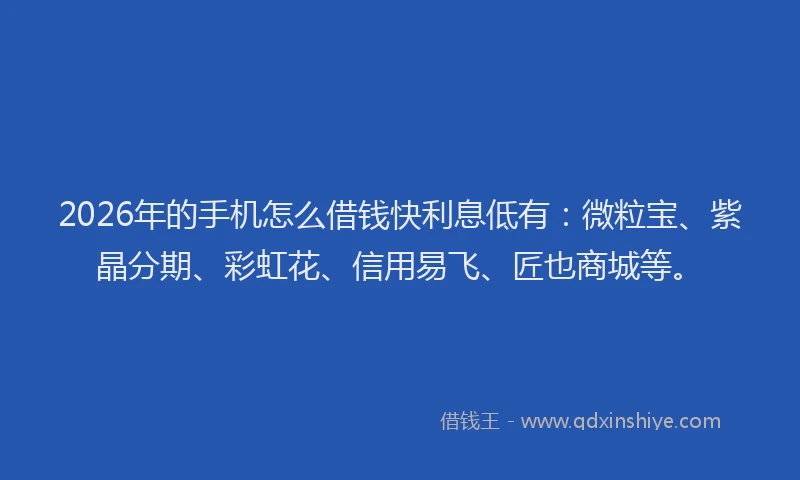 2026年的手机怎么借钱快利息低有：微粒宝、紫晶分期、彩虹花、信用易飞、匠也商城等。