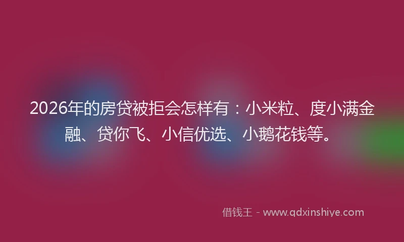 2026年的房贷被拒会怎样有：小米粒、度小满金融、贷你飞、小信优选、小鹅花钱等。