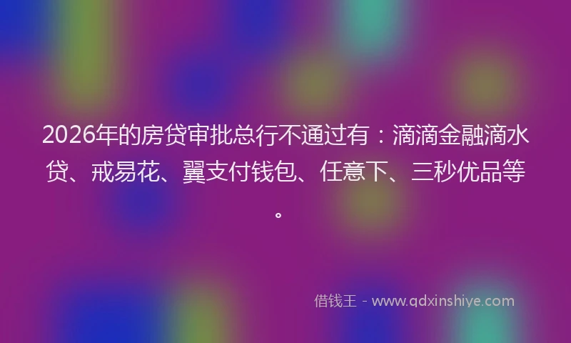 2026年的房贷审批总行不通过有：滴滴金融滴水贷、戒易花、翼支付钱包、任意下、三秒优品等。