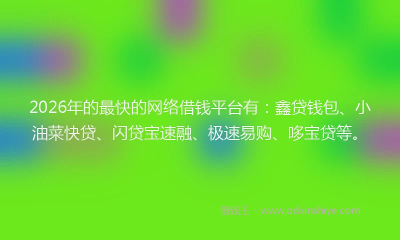2026年的最快的网络借钱平台有：鑫贷钱包、小油菜快贷、闪贷宝速融、极速易购、哆宝贷等。