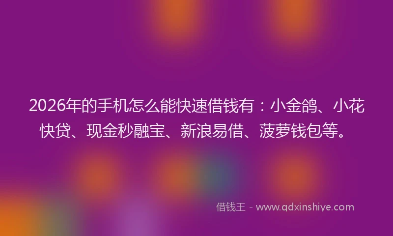 2026年的手机怎么能快速借钱有：小金鸽、小花快贷、现金秒融宝、新浪易借、菠萝钱包等。