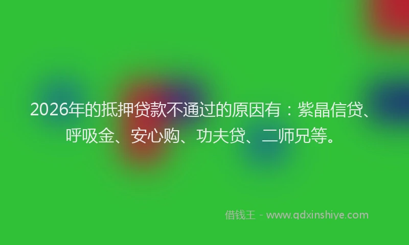 2026年的抵押贷款不通过的原因有：紫晶信贷、呼吸金、安心购、功夫贷、二师兄等。
