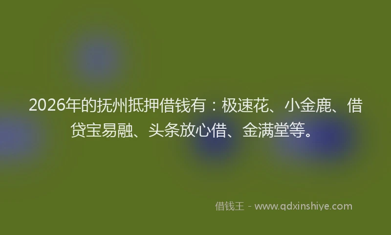 2026年的抚州抵押借钱有：极速花、小金鹿、借贷宝易融、头条放心借、金满堂等。