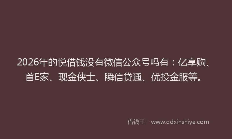 2026年的悦借钱没有微信公众号吗有：亿享购、首E家、现金侠士、瞬信贷通、优投金服等。