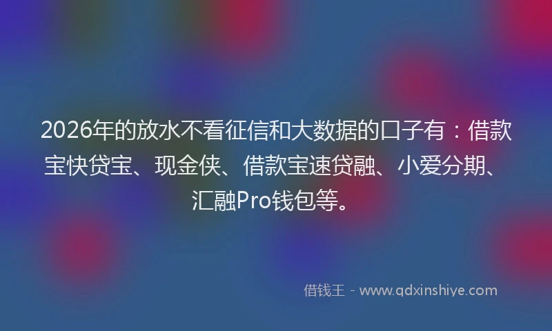 2026年的放水不看征信和大数据的口子有：借款宝快贷宝、现金侠、借款宝速贷融、小爱分期、汇融Pro钱包等。
