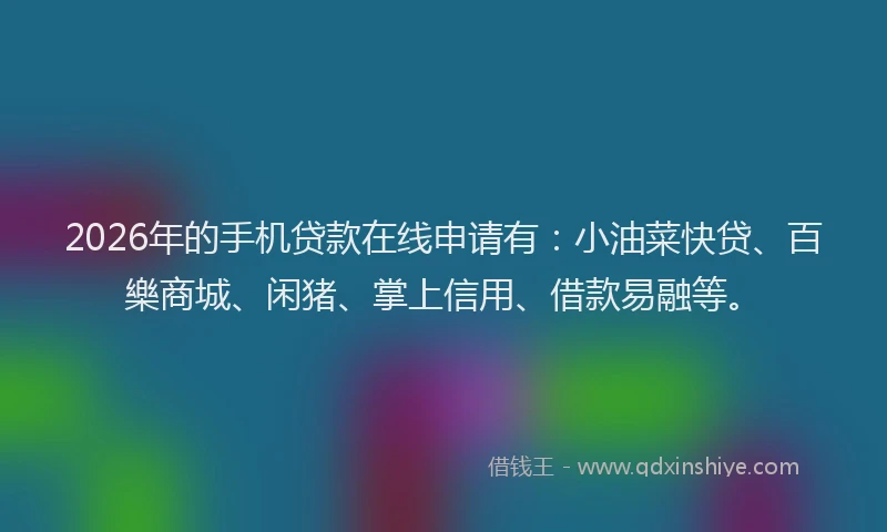 2026年的手机贷款在线申请有：小油菜快贷、百樂商城、闲猪、掌上信用、借款易融等。