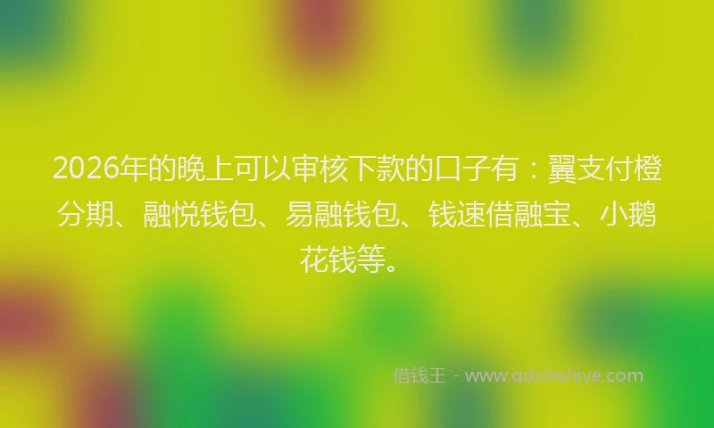2026年的晚上可以审核下款的口子有：翼支付橙分期、融悦钱包、易融钱包、钱速借融宝、小鹅花钱等。