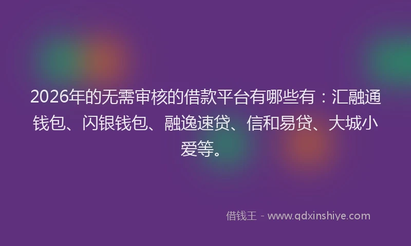 2026年的无需审核的借款平台有哪些有：汇融通钱包、闪银钱包、融逸速贷、信和易贷、大城小爱等。