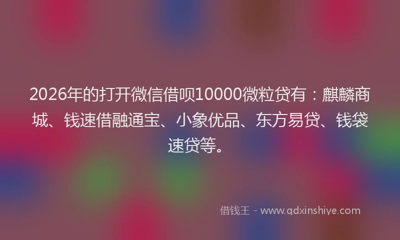 2026年的打开微信借呗10000微粒贷有：麒麟商城、钱速借融通宝、小象优品、东方易贷、钱袋速贷等。
