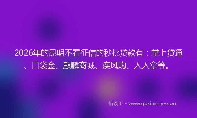 2026年的昆明不看征信的秒批贷款有：掌上贷通、口袋金、麒麟商城、疾风购、人人拿等。