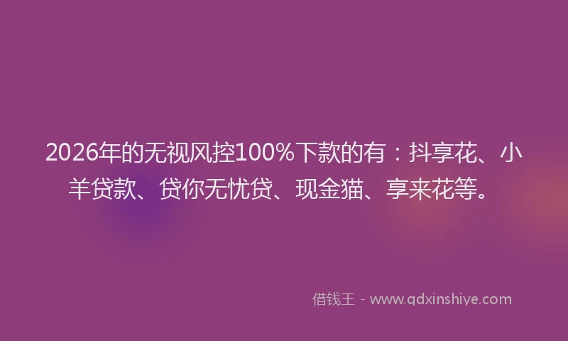 2026年的无视风控100%下款的有：抖享花、小羊贷款、贷你无忧贷、现金猫、享来花等。