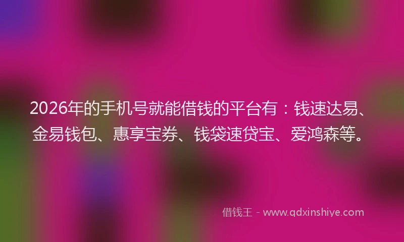 2026年的手机号就能借钱的平台有：钱速达易、金易钱包、惠享宝券、钱袋速贷宝、爱鸿森等。
