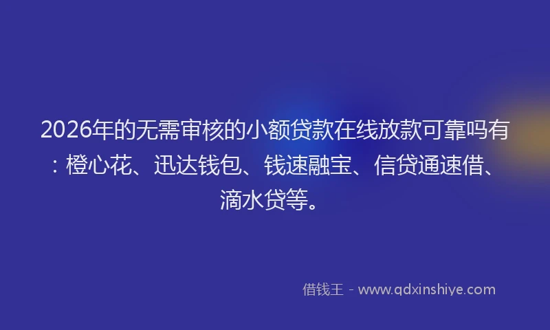 2026年的无需审核的小额贷款在线放款可靠吗有：橙心花、迅达钱包、钱速融宝、信贷通速借、滴水贷等。