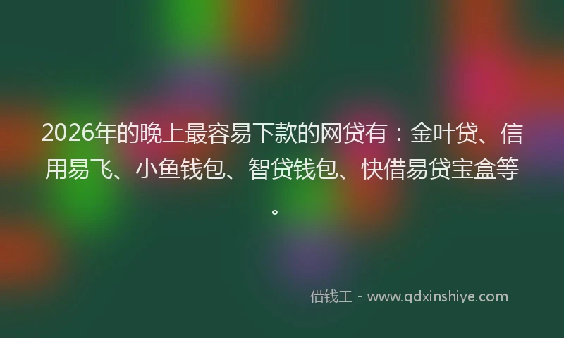 2026年的晚上最容易下款的网贷有：金叶贷、信用易飞、小鱼钱包、智贷钱包、快借易贷宝盒等。