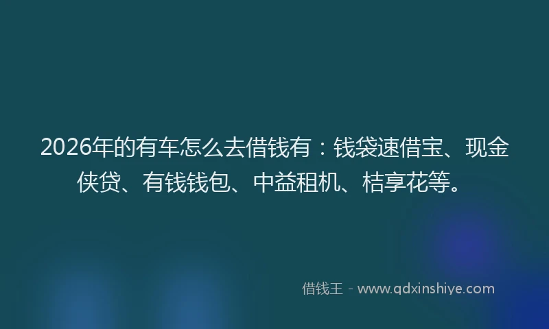2026年的有车怎么去借钱有：钱袋速借宝、现金侠贷、有钱钱包、中益租机、桔享花等。