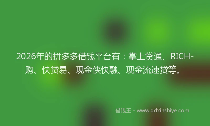 2026年的拼多多借钱平台有：掌上贷通、RICH-购、快贷易、现金侠快融、现金流速贷等。