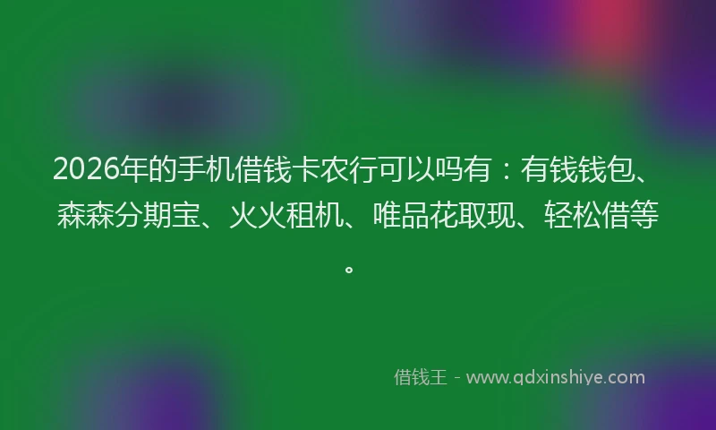 2026年的手机借钱卡农行可以吗有：有钱钱包、森森分期宝、火火租机、唯品花取现、轻松借等。