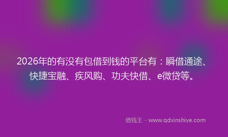 2026年的有没有包借到钱的平台有：瞬借通途、快捷宝融、疾风购、功夫快借、e微贷等。