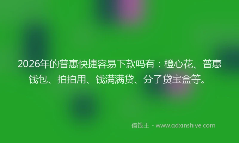 2026年的普惠快捷容易下款吗有：橙心花、普惠钱包、拍拍用、钱满满贷、分子贷宝盒等。