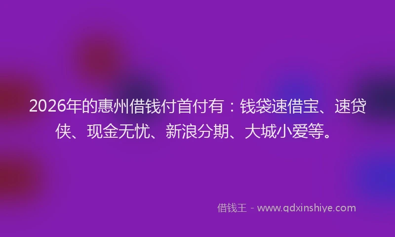 2026年的惠州借钱付首付有：钱袋速借宝、速贷侠、现金无忧、新浪分期、大城小爱等。
