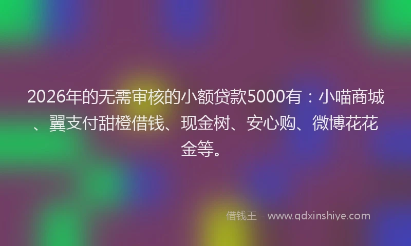 2026年的无需审核的小额贷款5000有：小喵商城、翼支付甜橙借钱、现金树、安心购、微博花花金等。