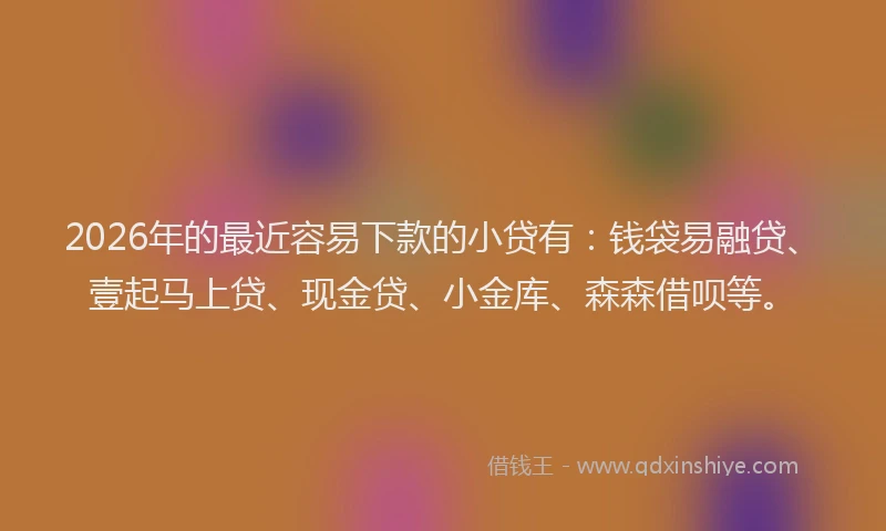 2026年的最近容易下款的小贷有：钱袋易融贷、壹起马上贷、现金贷、小金库、森森借呗等。