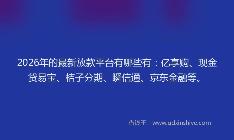 2026年的最新放款平台有哪些有：亿享购、现金贷易宝、桔子分期、瞬信通、京东金融等。