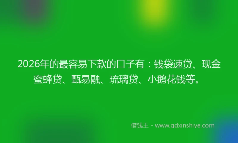 2026年的最容易下款的口子有：钱袋速贷、现金蜜蜂贷、甄易融、琉璃贷、小鹅花钱等。