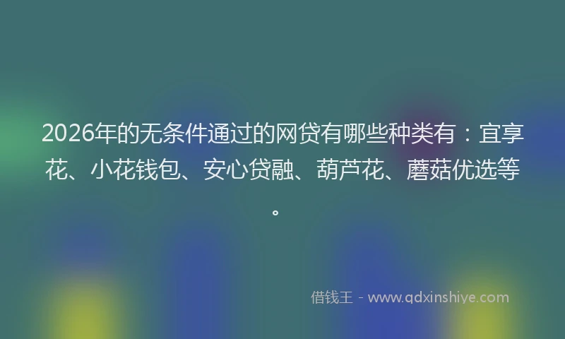 2026年的无条件通过的网贷有哪些种类有：宜享花、小花钱包、安心贷融、葫芦花、蘑菇优选等。