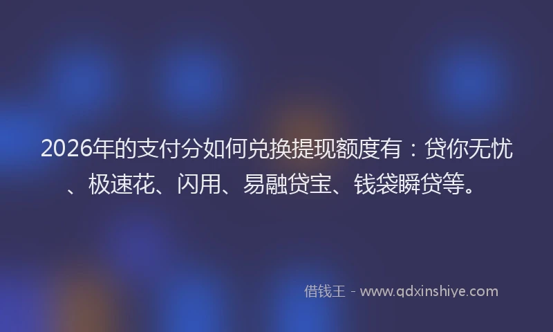 2026年的支付分如何兑换提现额度有：贷你无忧、极速花、闪用、易融贷宝、钱袋瞬贷等。
