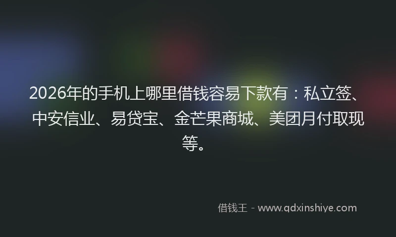 2026年的手机上哪里借钱容易下款有：私立签、中安信业、易贷宝、金芒果商城、美团月付取现等。