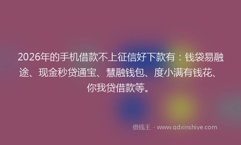 2026年的手机借款不上征信好下款有：钱袋易融途、现金秒贷通宝、慧融钱包、度小满有钱花、你我贷借款等。