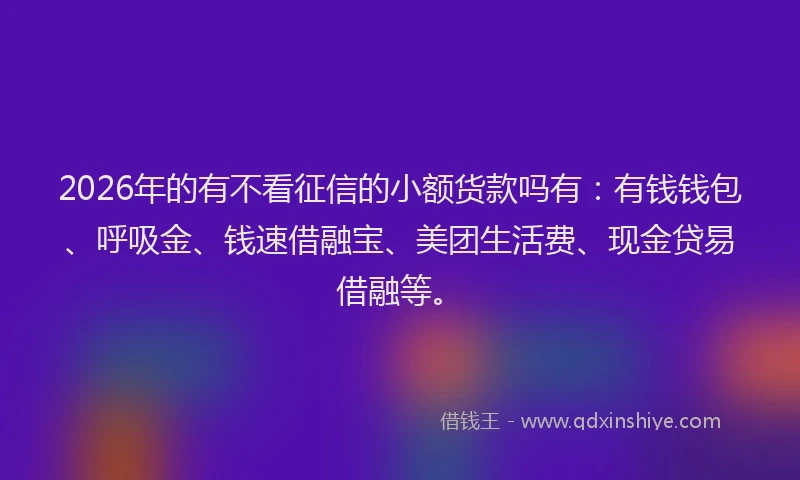 2026年的有不看征信的小额货款吗有：有钱钱包、呼吸金、钱速借融宝、美团生活费、现金贷易借融等。