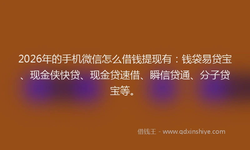 2026年的手机微信怎么借钱提现有：钱袋易贷宝、现金侠快贷、现金贷速借、瞬信贷通、分子贷宝等。