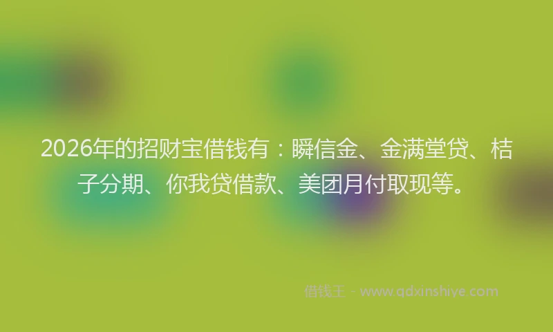 2026年的招财宝借钱有：瞬信金、金满堂贷、桔子分期、你我贷借款、美团月付取现等。
