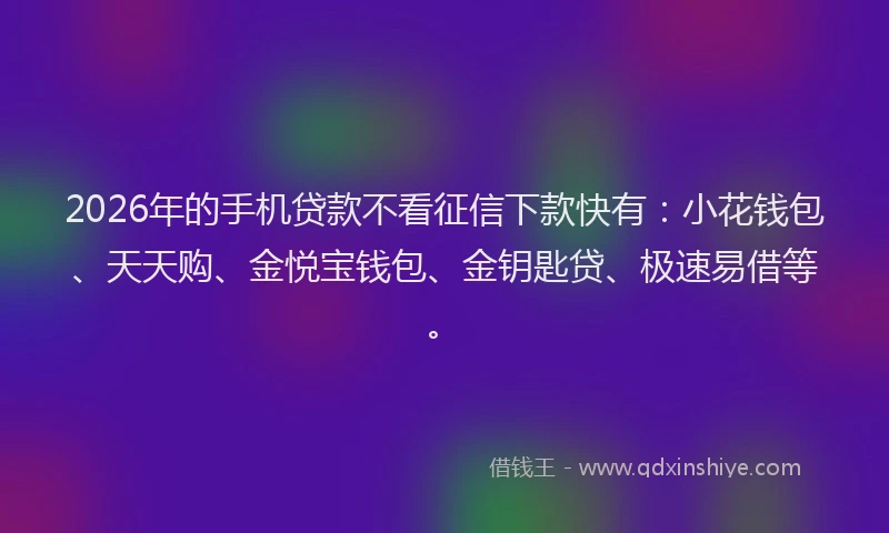 2026年的手机贷款不看征信下款快有：小花钱包、天天购、金悦宝钱包、金钥匙贷、极速易借等。