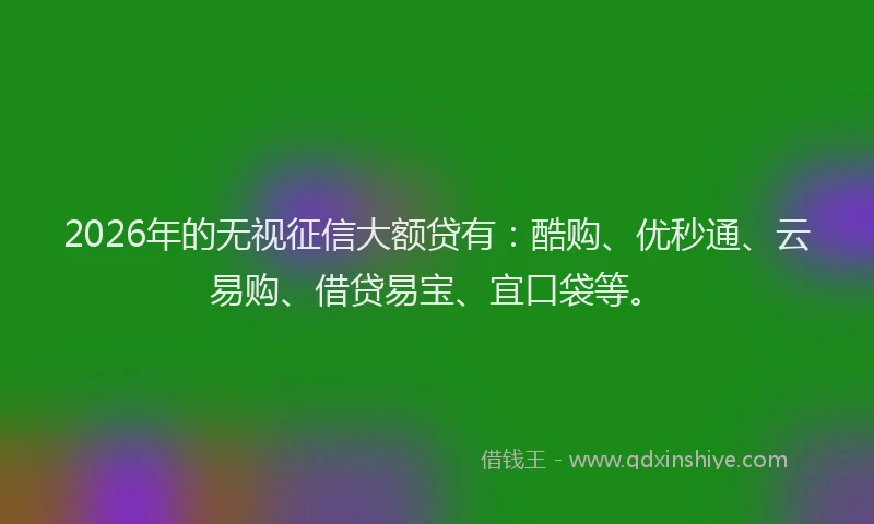 2026年的无视征信大额贷有：酷购、优秒通、云易购、借贷易宝、宜口袋等。