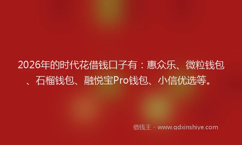 2026年的时代花借钱口子有：惠众乐、微粒钱包、石榴钱包、融悦宝Pro钱包、小信优选等。