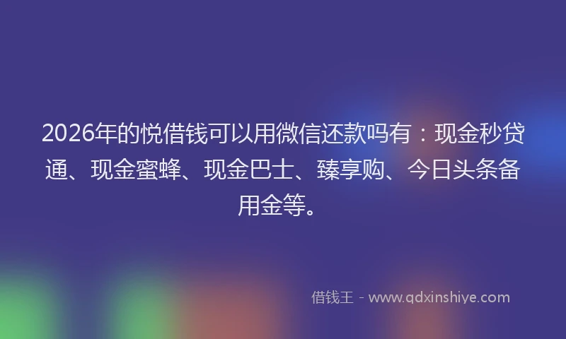 2026年的悦借钱可以用微信还款吗有：现金秒贷通、现金蜜蜂、现金巴士、臻享购、今日头条备用金等。