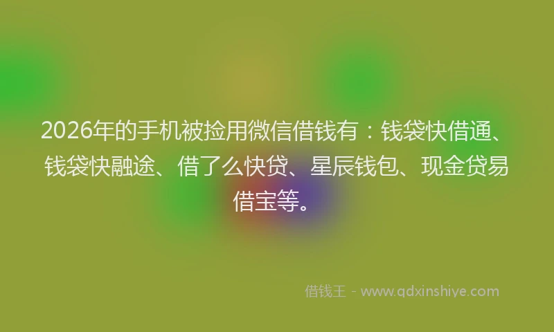 2026年的手机被捡用微信借钱有：钱袋快借通、钱袋快融途、借了么快贷、星辰钱包、现金贷易借宝等。