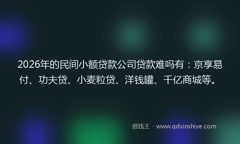 2026年的民间小额贷款公司贷款难吗有：京享易付、功夫贷、小麦粒贷、洋钱罐、千亿商城等。