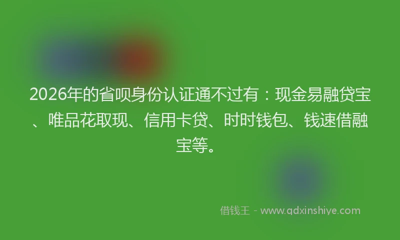 2026年的省呗身份认证通不过有：现金易融贷宝、唯品花取现、信用卡贷、时时钱包、钱速借融宝等。