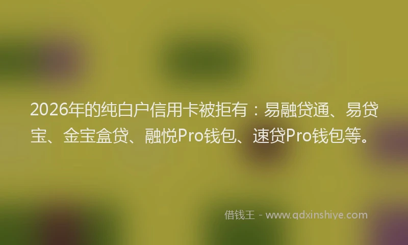 2026年的纯白户信用卡被拒有：易融贷通、易贷宝、金宝盒贷、融悦Pro钱包、速贷Pro钱包等。