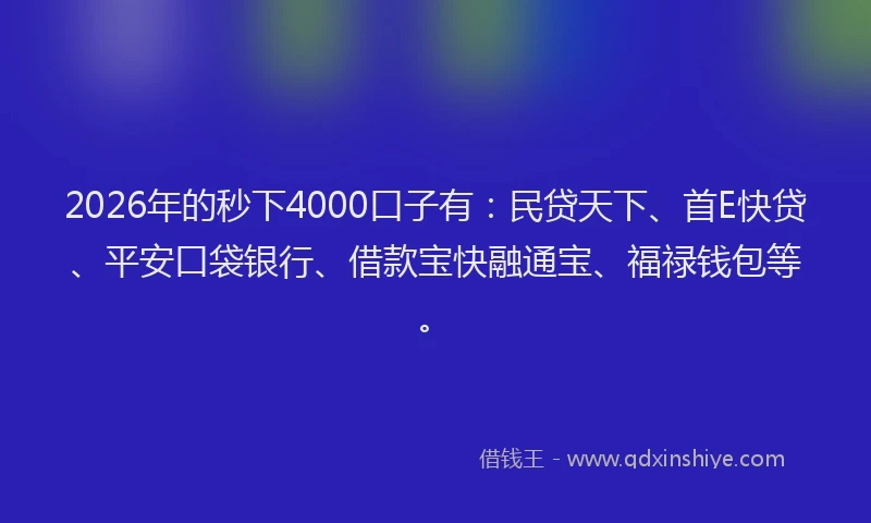 2026年的秒下4000口子有：民贷天下、首E快贷、平安口袋银行、借款宝快融通宝、福禄钱包等。