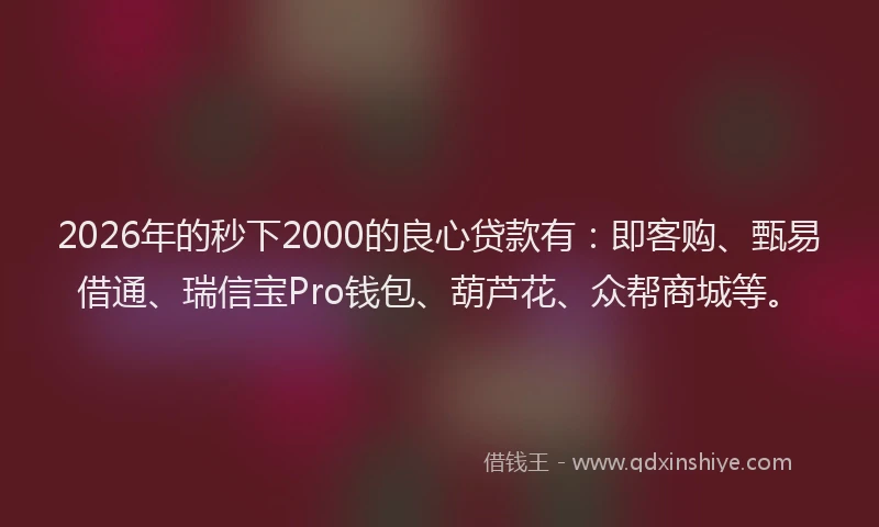 2026年的秒下2000的良心贷款有：即客购、甄易借通、瑞信宝Pro钱包、葫芦花、众帮商城等。